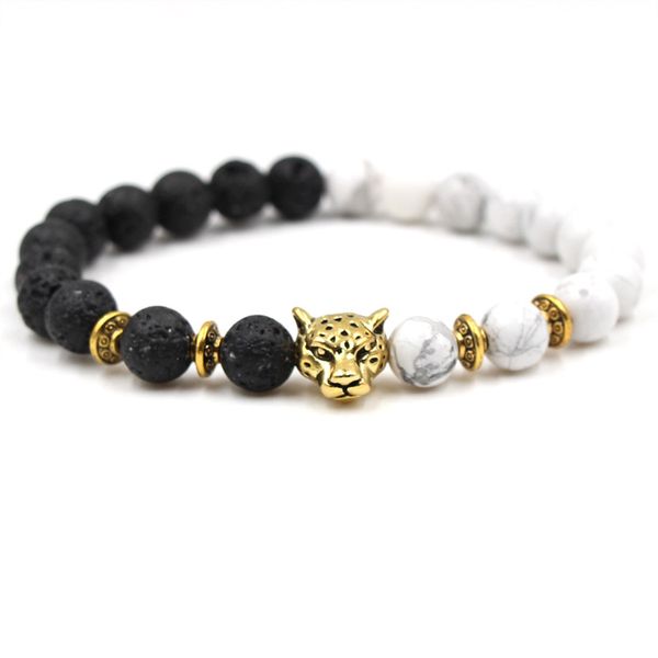 

moreon 8mm import white pine black volcanic stone buddha beads leopard head bracelet