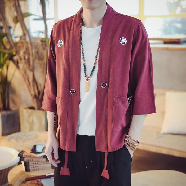 

embroidered lay clothing thin coat men's seven-point sleeves hanfu retro japanese men's cardigan, Black;brown