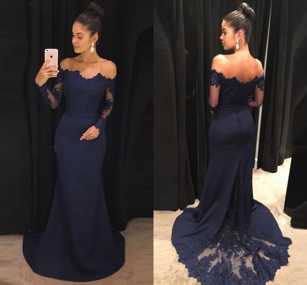 

navy blue mermaid prom dresses 2018 elegant off the shoulder lace satin dark red evening dresses long formal prom dresses, Black