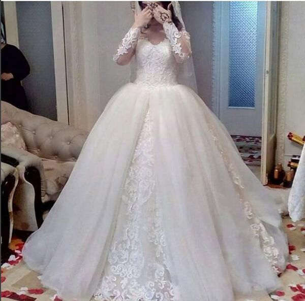 Vestido de bola de laço branco manga longa modesto vestidos de casamento 2019 cintura Empire plus tamanho vestidos de casamento uk 3d mangas de flores