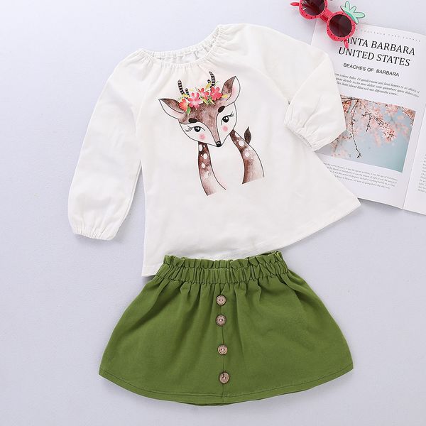 

kids girl clothing sets round collar deer print long sleeve + skirt children outfits 2 pcs sets, White