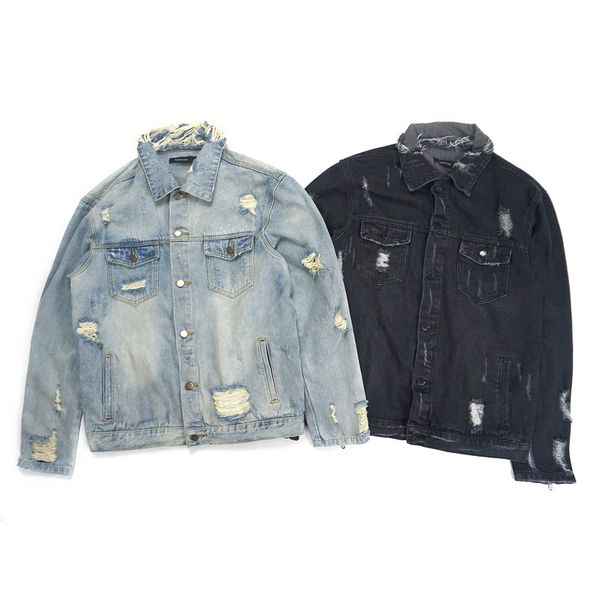 

black fog street holes do old design women men denim oversized denim jeans jackets coat jacket - blue black j03#, Black;brown