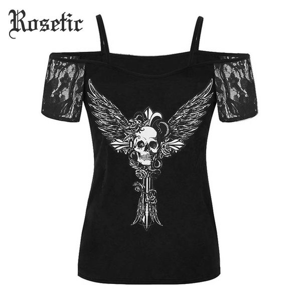 

rosetic gothic summer casual t-shirt black straight off shoulder lace skull cross wing print women bat tee rock tshirt, White