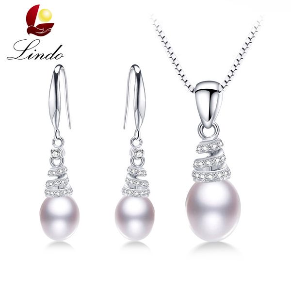 

925 sterling silver natural freshwater pearl jewelry sets for women vintage 4 colors natural pearl pendant set earings lindo, Black