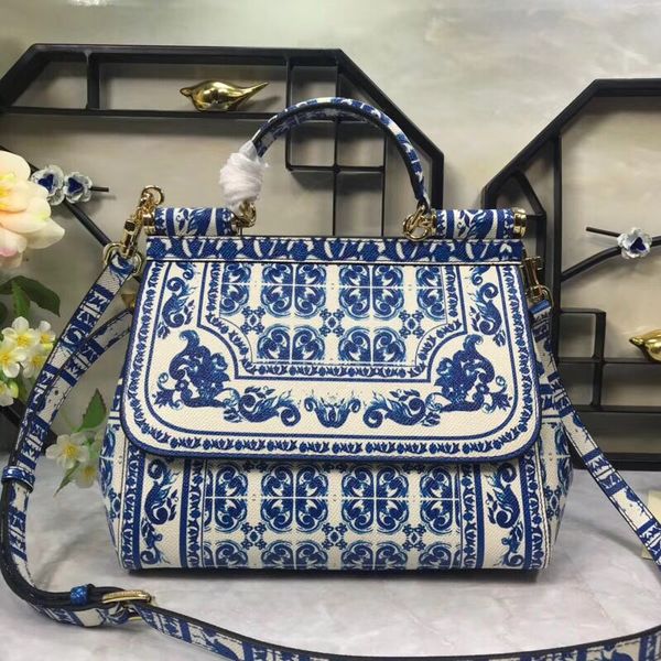 

25cm blue new color printing series, cowhide blue and white porcelain handbag, fashionable shoulder bag