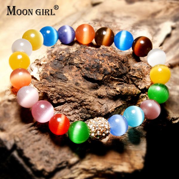 

moon girl 10mm natural opal stone pave ball stretchy bracelets for women fashion chic yoga girl cat eye bracelet drop shipping, Black