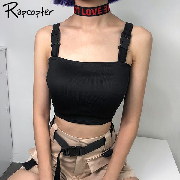 

rapcopter bralette women crop summer streetwear england style sleeveless tees black solid buckle female bustier tank, White