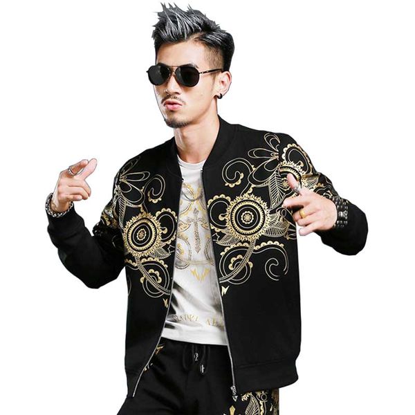

new fashion spring autumn cardigan hoodies sweatshirt floral printed mens hip hop jacket stand collar casual slim coat, Black;brown