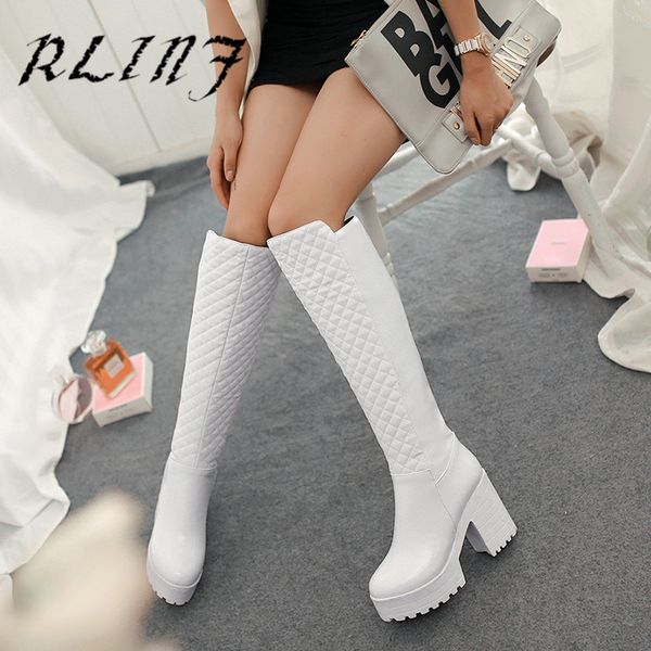 

rlinf new thick sole with knight high heel waterproof platform over the knee high tube stovepipe female long boots, Black