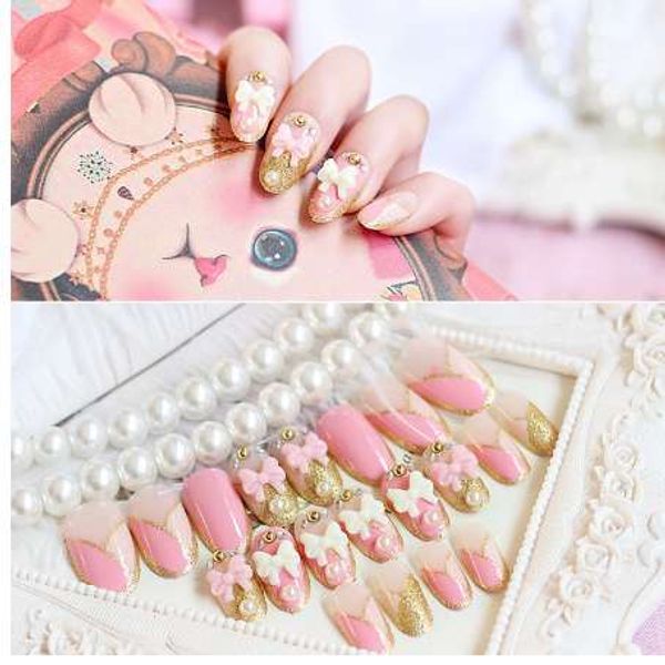 

24pcs/lot faux ongles full cover false nails 3d pink bow glitter pearl rhinestone artificial nails finished french designs bride, Red;gold