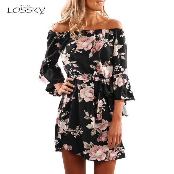 

fashion off shoulder summer dress 2018 women floral print plus size boho black mini dresses with belt clothes for women, White;black