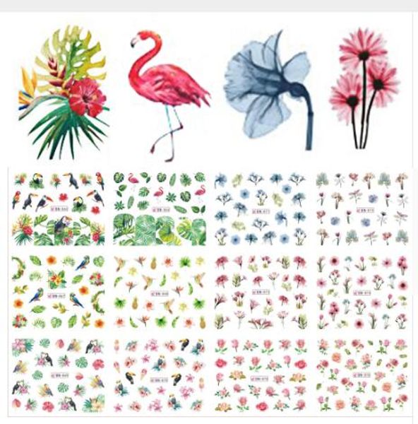 12pcs desenhos decalques de água adesivo adesivo verão selva flamingo papagaio flora watermark unha decoração wraps manicure