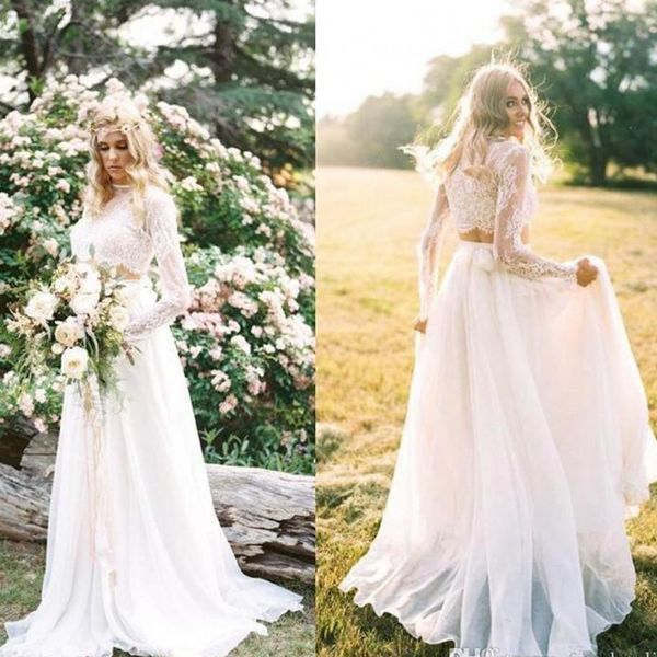 

two piece bohemian country wedding dresses lace long sleeves summer beach bridal gowns chiffon a line vestidos de novia, White