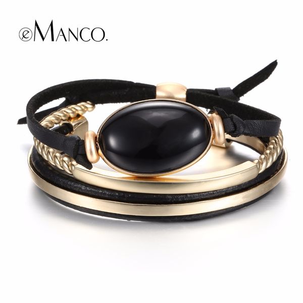 

emanco vintage mix match layers bracelets & bangles for women black leather & semi-precious stones bracelet fashion jewelry