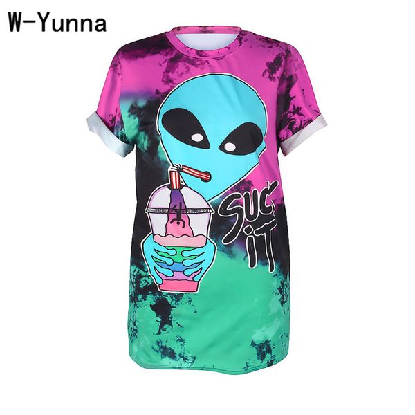 

w-yunna t-shirts women summer 2018 alien drink digital printing short-sleeved workout tshirts street style for women, White