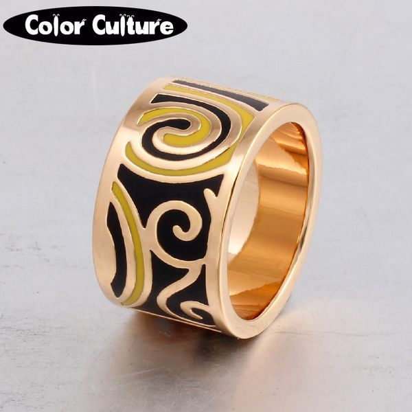 

big rings for women geometric patterns gold stainless steel art rings 13mm width trendy party metal enamel vintage jewelry, Golden;silver