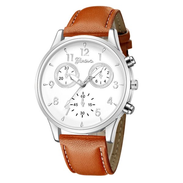 

fashion modern 2018 new mens men's leather power popular casual analog quartz wrist watch business watches, Slivery;brown
