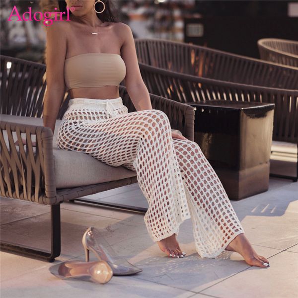 

adogirl women beach flare pants solid knitted hollow out fishnet wide leg pants high waist lace up sashes night club trousers, Black;white