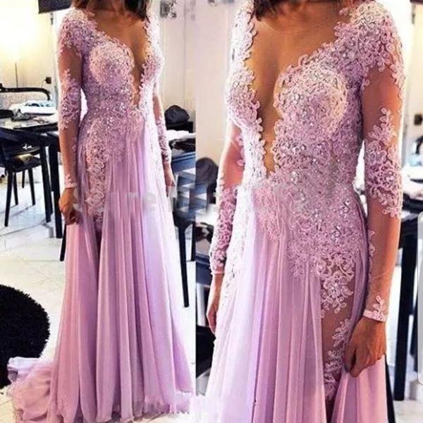

fadistee new arrival party evening dresses vestido de festa lace chiffon prom dress lace o-neck see through transparent long sleevs gown, Black