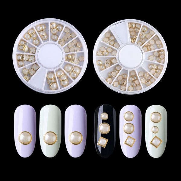 

1 wheel 3d ab beige metal edge glitter nail beads studs beauty charm nail art diy pearls manicure decorations tools, Silver;gold