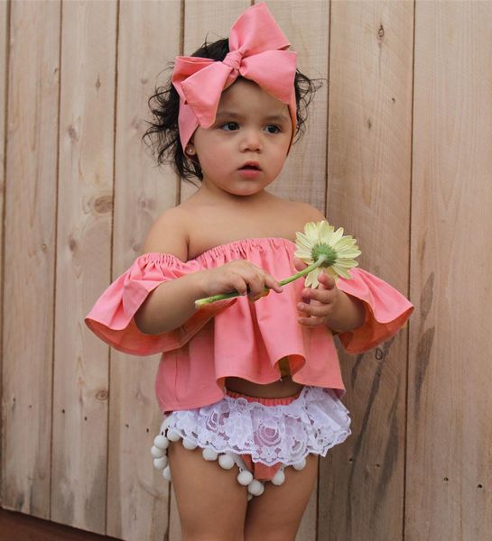 

2018 summer kids clothing baby girl clothes off shoulder ruffle t-shirt tassel lace shorts pantie 2pcs girls outfits children clothing, White