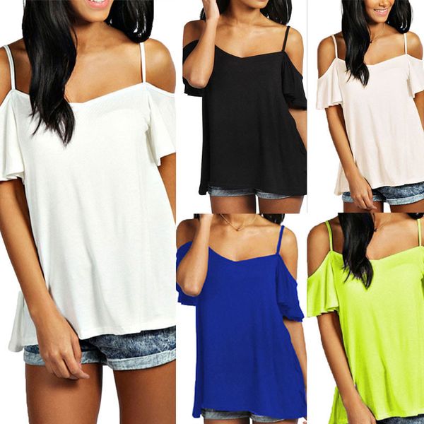 

loose women t shirt summer women strapless off shoulder short ruffle sleeves thin female t shirt, White