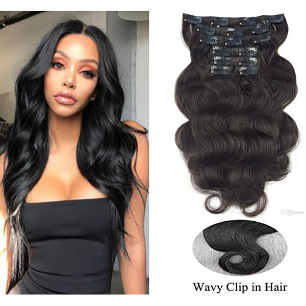 Human Hair Clip In Extensions For Women 1 Pure Black Body Wave