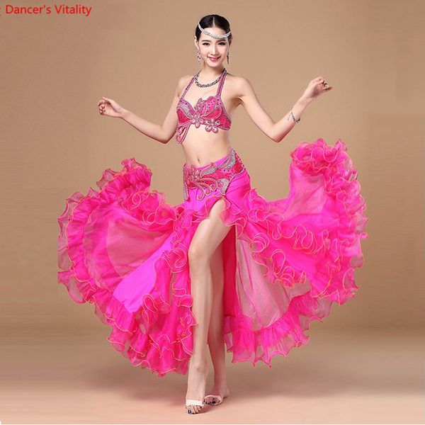 

women belly dance wear competition performance costumes oriental dance rhinestone bra belt skirt 3pcs suits set ship, Black;red