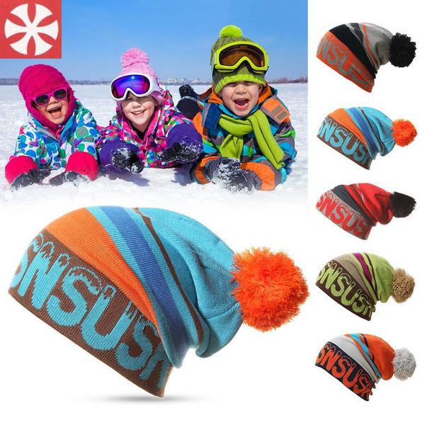 

unisex winter outdoor держите теплый родитель-ребенок с капюшоном модная полосатая печать лыжные шапки с шариком beanies шерстяная вязаная ш, Blue;gray