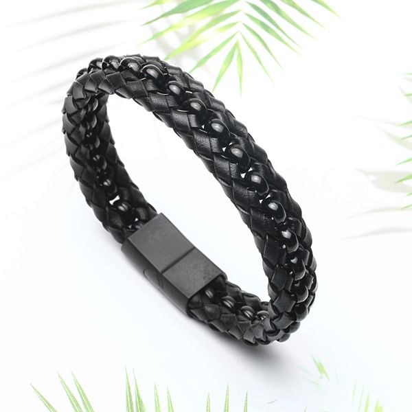 

mcllroy leather bracelet/men/women/punk wide/genuine stainless steel bracelet handmade bracelets bangles luxury men jewelry gift, Black