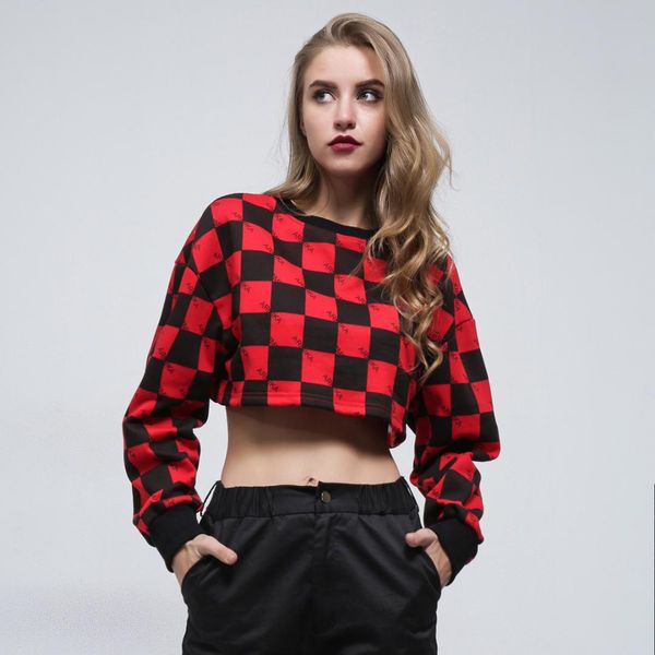 

dropship o neck sweatshirt for women patchwork long-sleeved pullovers hoodies plaid checkboard print knitted crop top, Black