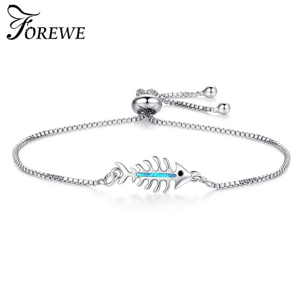 

forewe blue fire opal gem stone fish bone bracelet silver charm bracelets & bangles for women rose gold jewelry bijoux gift, Black
