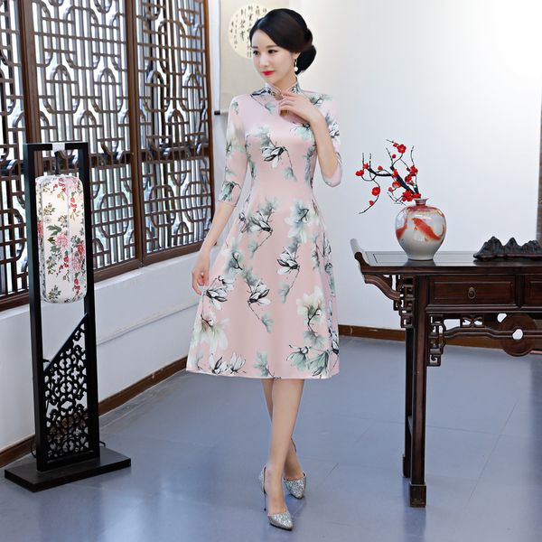 

женский сексуальный розовый qipao классический китайский печати цветок мандарин воротник негабаритных cheongsam тонкий район вечернее платье, Red
