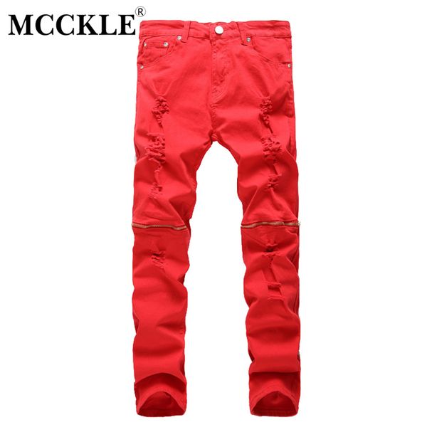 

mcckle men's new style fashion ripped jeans male slim fit knee zippers straight pants men club wear bright color denim trousers, Blue