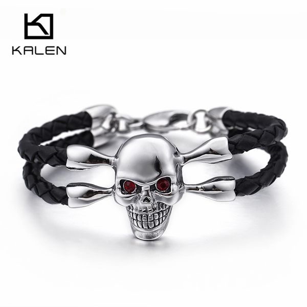 

skull bracelet for men male 220*5mm black leather rope + stainless steel polished red stone eyes bracelets kalen, Golden;silver