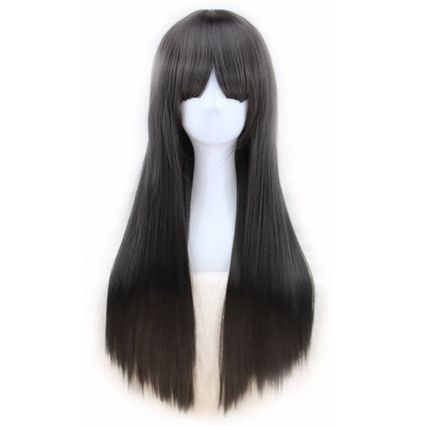 

black long straight hair wig with bangs heat resistant cosplay, Black;brown
