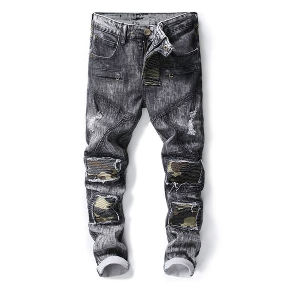 

2018 new brand fashion designer men's skinny jeans male casual distressed ripped holes knee camouflage patches gray denim pants, Blue