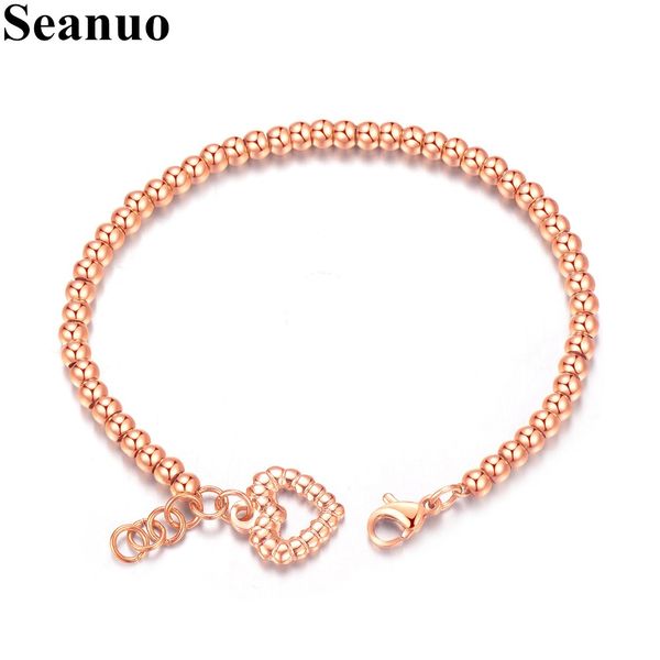 

seanuo lovely charm heart bracelet women stainless steel rose gold exteneded link bead chain bangle girlfriend's valentines gift, Black