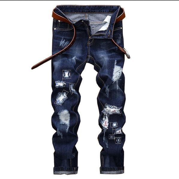 

fashion mens ripped patches slim fit jeans designer big size straight leg motocycle biker denim pants trousers size 29-42 jb2040, Blue