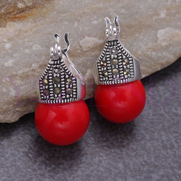 

whosale round red natural stone bead vintage 925 silver hooks earrings, Golden;silver