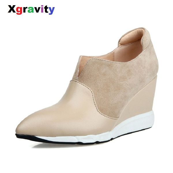 

xgravity short boots elegant comfortable v design high heel pumps pointed toe wedge boots genuine leather woman shoes c106, Black