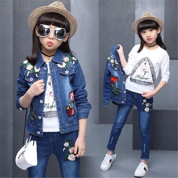 

2018 spring girls clothing sets baby teenage kids girl clothes denim long sleeve pants flowers suits buttons 4-15t outwear, White