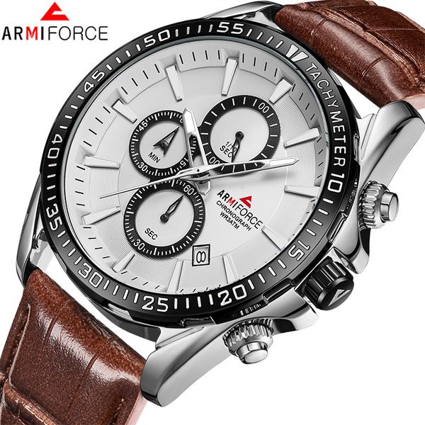 

armiforce new men watches brand men's fashion chronograph quartz watch male genuine leather sport clock relogio masculino, Slivery;brown
