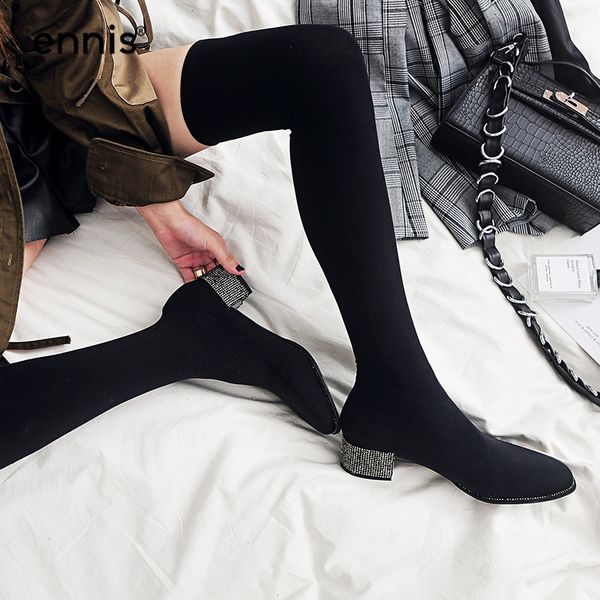 

ennis 2018 slim fit black over the knee sock boots women thigh high boots rhinestone heel stretch autumn shoes l734