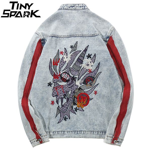 

harajuku embroidery dragon jacket jeans streetwear hip hop men vintage washed denim jacket 2018 autumn red striped denim jackets, Black;brown