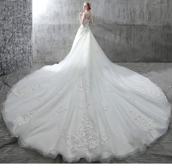 

vintage plus size long sleeve lace wedding dresses lace boat neck beach bodice appliques bridal gowns arabic dubai custom made dh118, White