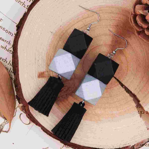 

doreen box wood & faux suede velvet tassel earrings silver-gray black square 99mm(3 7/8")x 20mm,1 pair 2017 new