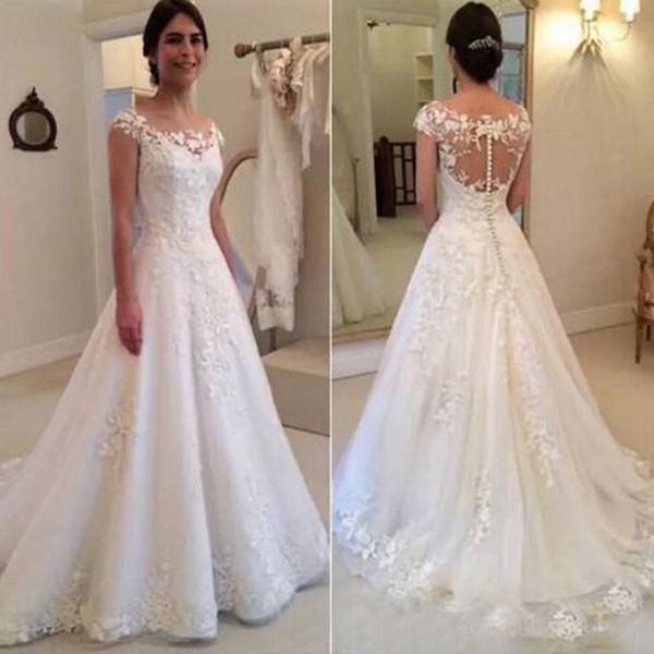 

modest new lace appliques wedding dresses a line sheer bateau neckline see through button back bridal gown cap sleeves, White