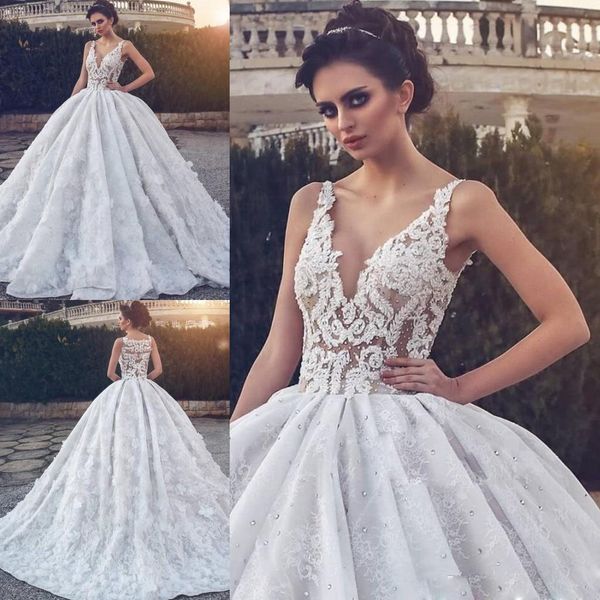 

3d цветочные аппликация кружева бальное платье свадебные платья v шеи развертки поезд свадебные платья роскошные бисером на заказ свадебное, White