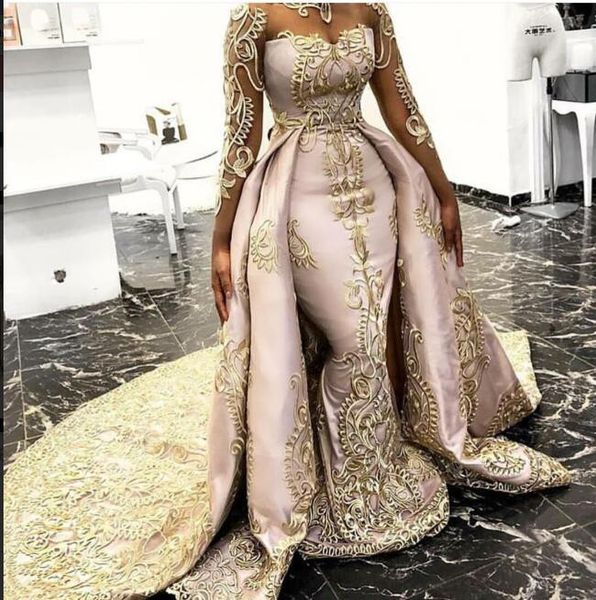 

2018 Overskirts Mermaid Evening Dresses Sheer Neck Long Sleeves Yousef aljasmi Lace Appliqued Prom Gowns Detachable Formal Party Dress